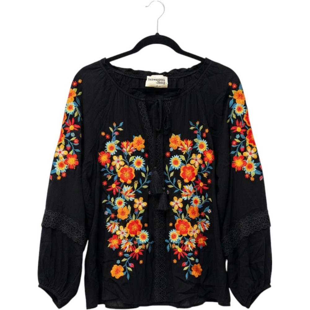 Savanna Jane Black Floral Embroidered Boho Peasant Top Tassel Bishop Sleeve 1X